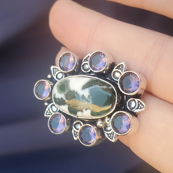 New Tree Agate and Amethyst 925 Silver Statement Ring. - Picture 12 of 16